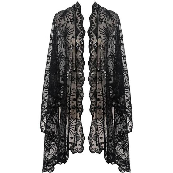 Accessories - Boho‎ Black Moon & Star Sheer Mesh Sequin Embellished Shawl Wrap Scarf Formal